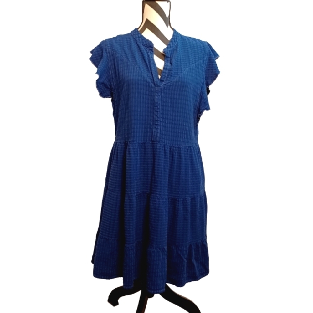 Anthropologie Amadi Blue Ruffle Tiered Linen Blend Modest Dress